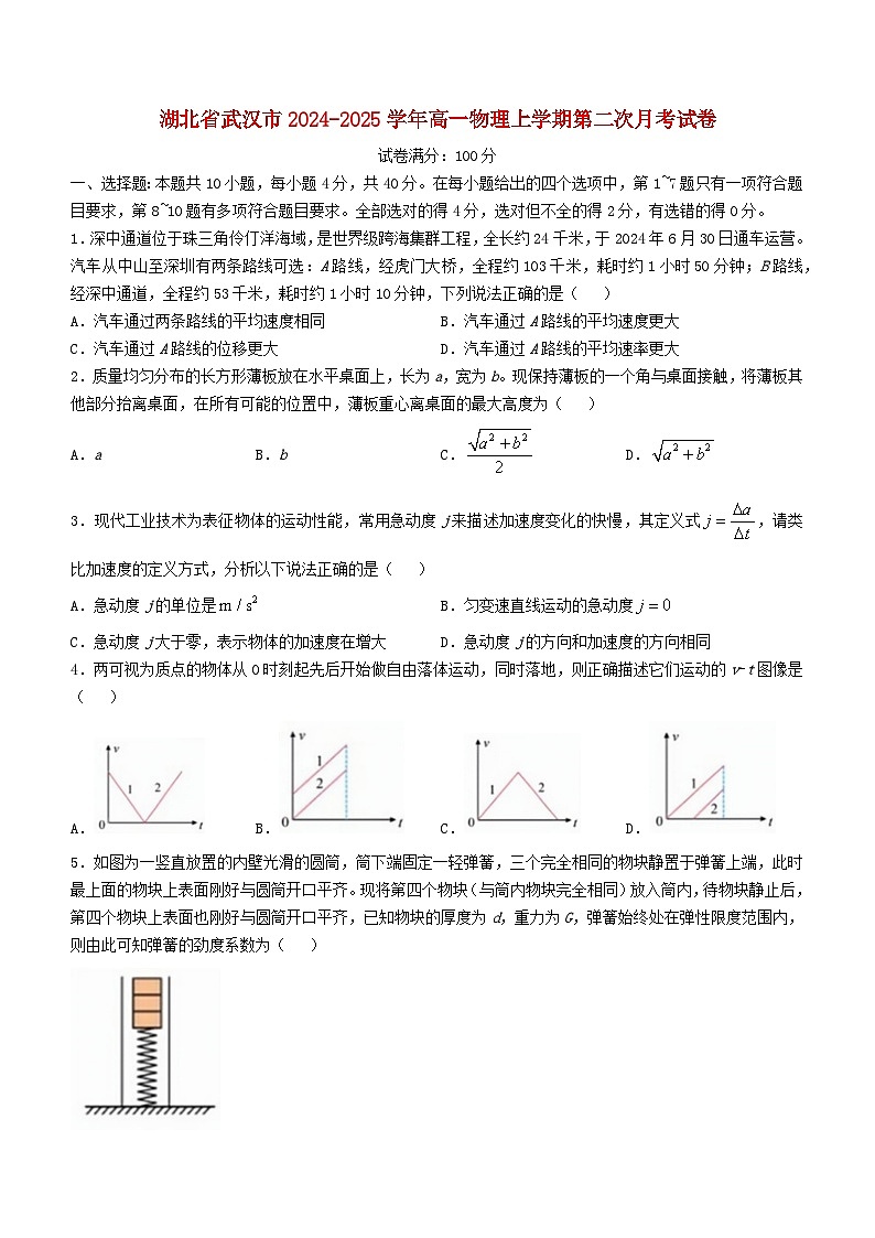 湖北省武汉市2024_2025学年高一物理上学期第二次月考试卷第1页