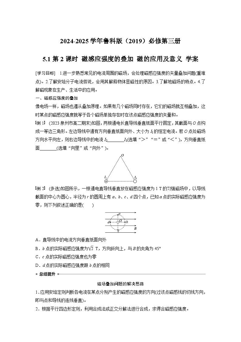 2024-2025学年物理鲁科版(2019)必修第三册 5.1第2课时 磁感应强度的叠加 磁的应用及意义 学案 含答案第1页