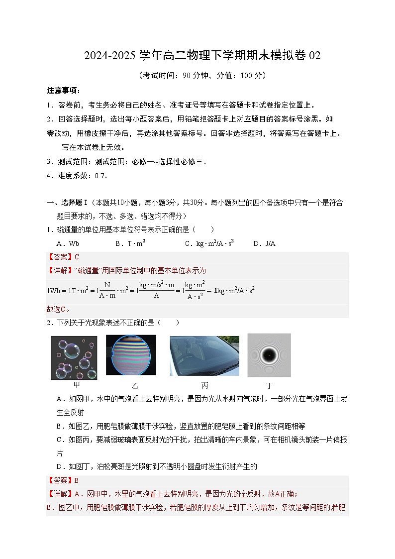 2024-2025學(xué)年高二物理下學(xué)期期末模擬卷02【測試范圍:必修一~選擇性必修三】(解析版)第1頁