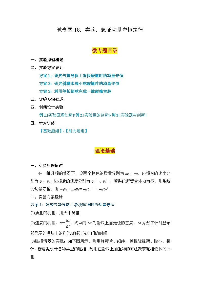 微专题18 实验:验证动量守恒定律 专项训练-2024-2025学年高二上学期物理人教版(2019)选择性必修第一册第1页