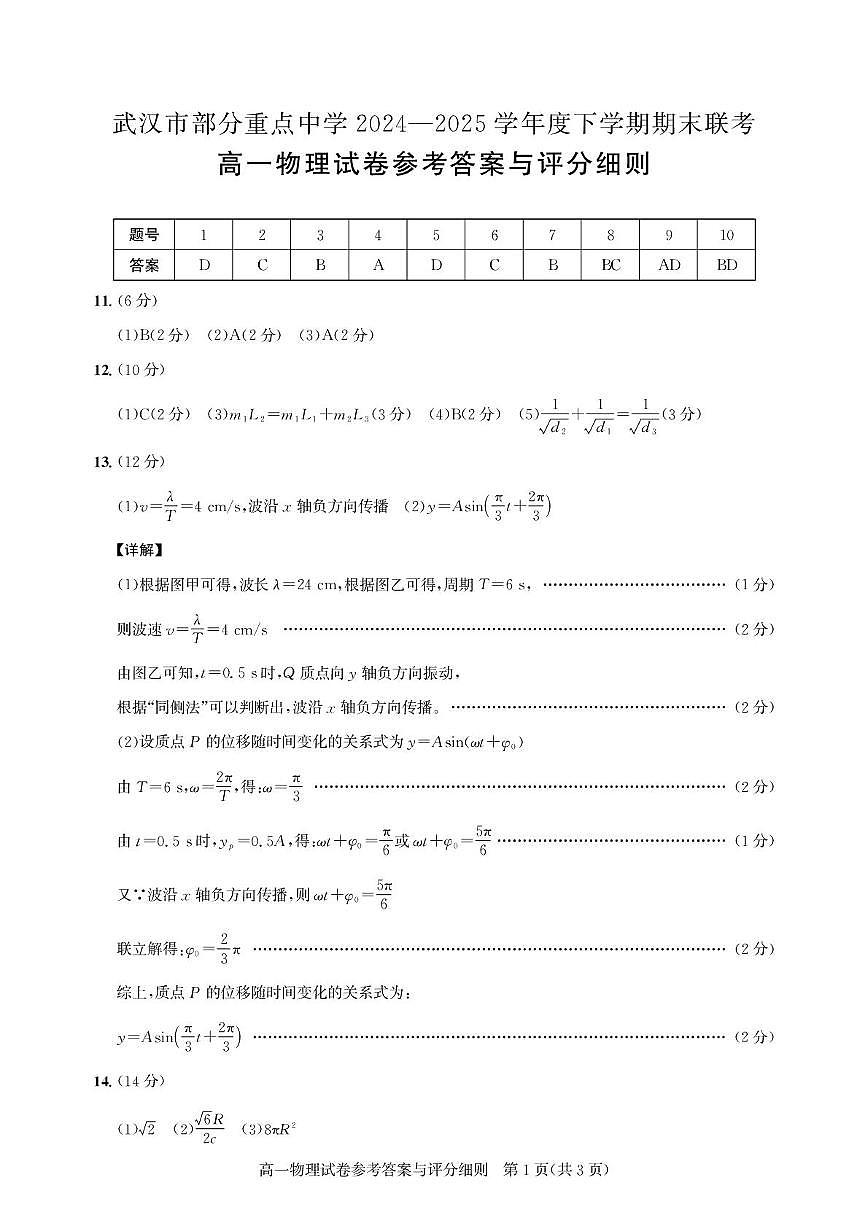 湖北武汉市部分重点中学2025年高一下学期期末联考物理答案第1页