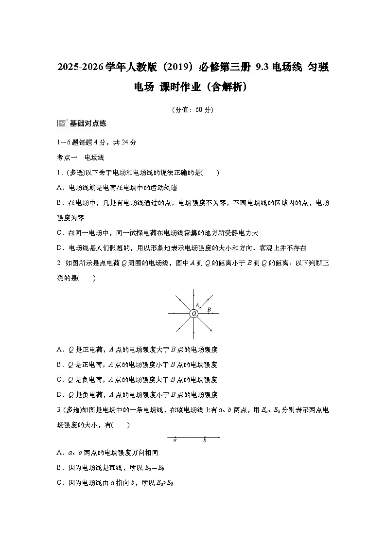 2025-2026学年物理人教版(2019)必修第三册 9.3电场线 匀强电场 课时作业(含解析)第1页