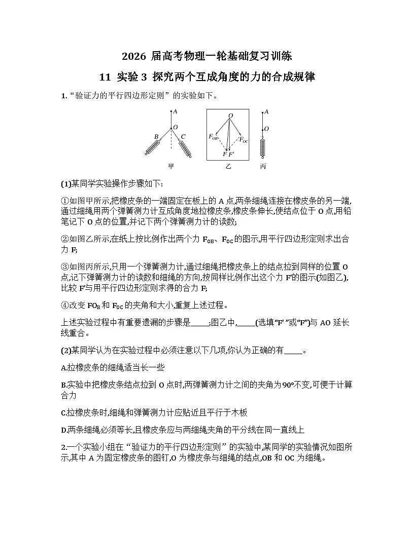 2026届高考物理一轮基础复习训练11 实验3 探究两个互成角度的力的合成规律第1页