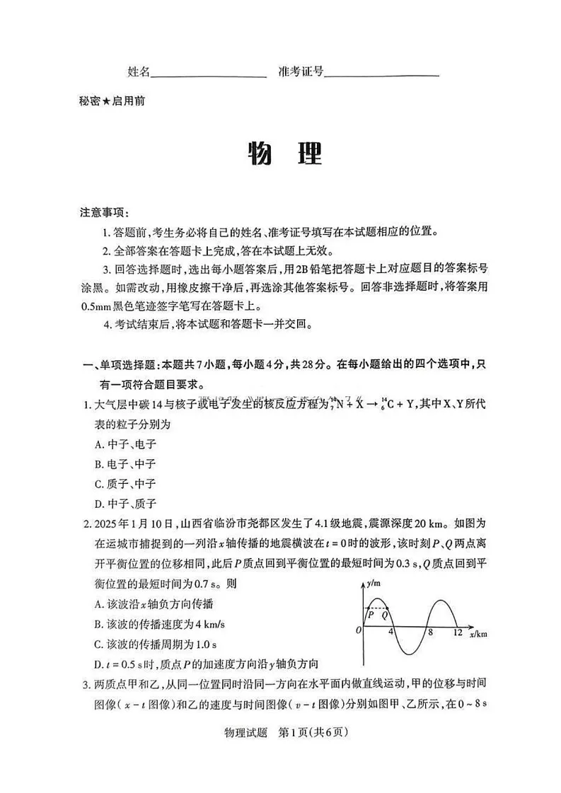 山西省启航卷2025届高考考前适应性测试-物理试题(含答案)第1页