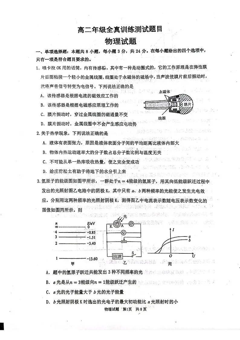 山东省莱州市第一中学2024-2025学年高二下学期期末测试 物理试卷第1页