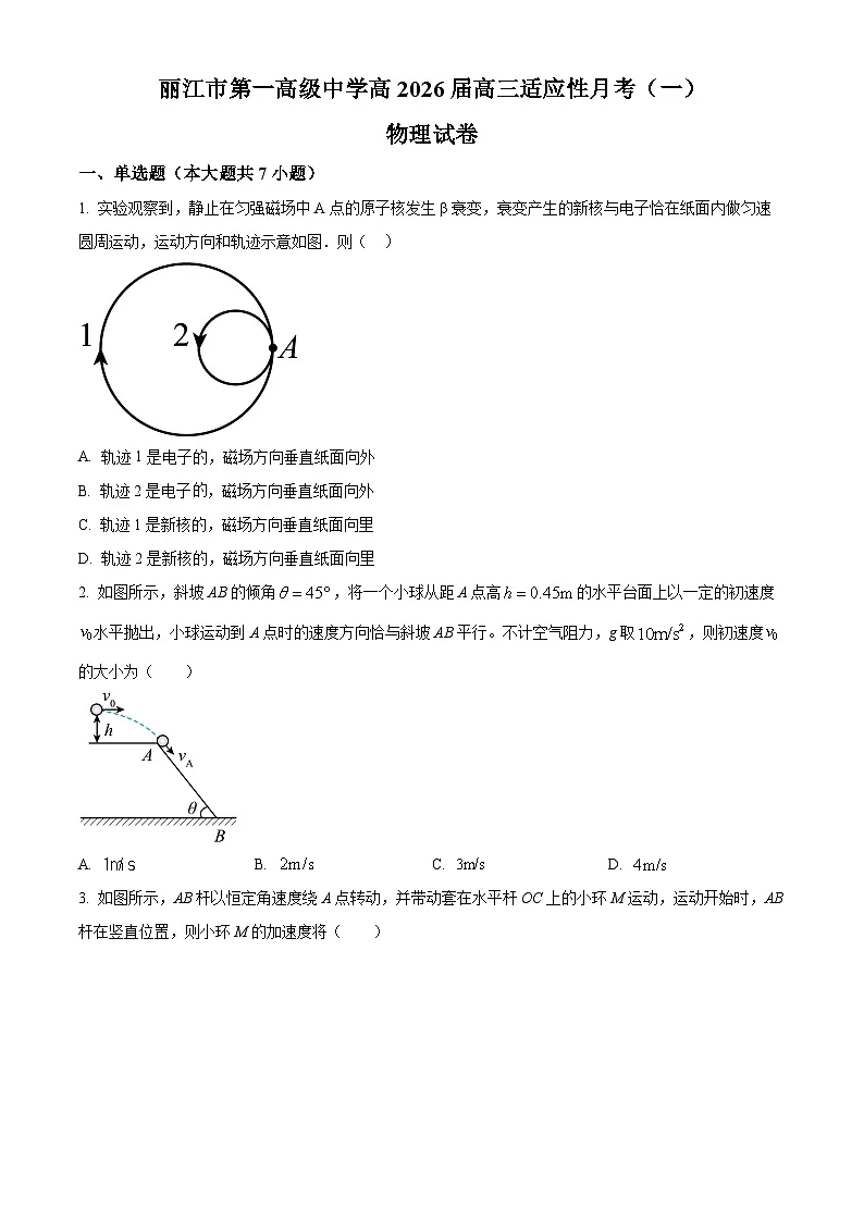 云南省丽江市第一高级中学2026届高三适应性月考(一)物理试卷 Word版无答案第1页