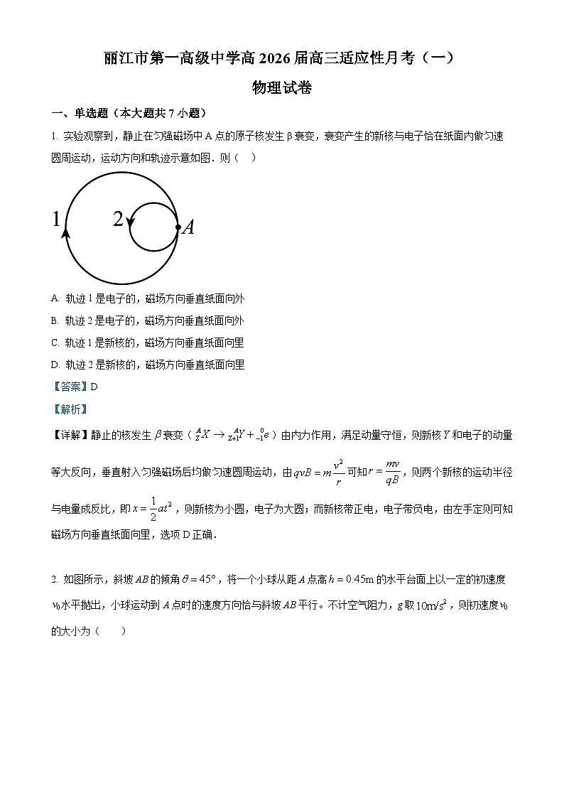 云南省丽江市第一高级中学2026届高三适应性月考(一)物理试卷 Word版含解析第1页