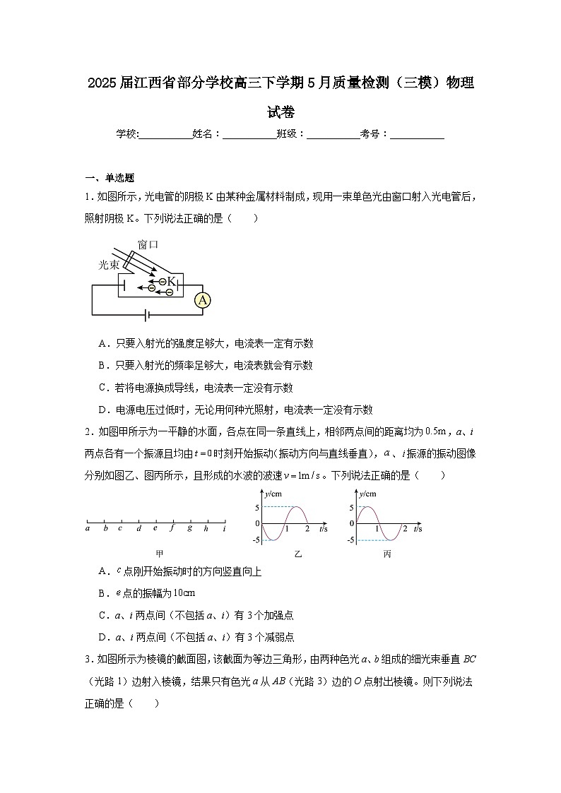 2025届江西省部分学校高三下学期5月质量检测(三模)物理试卷(无答案)第1页