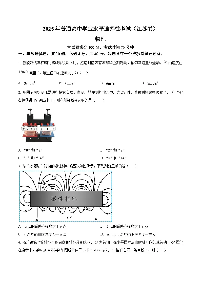 2025年江苏省高考真题 物理试题(原卷版)第1页