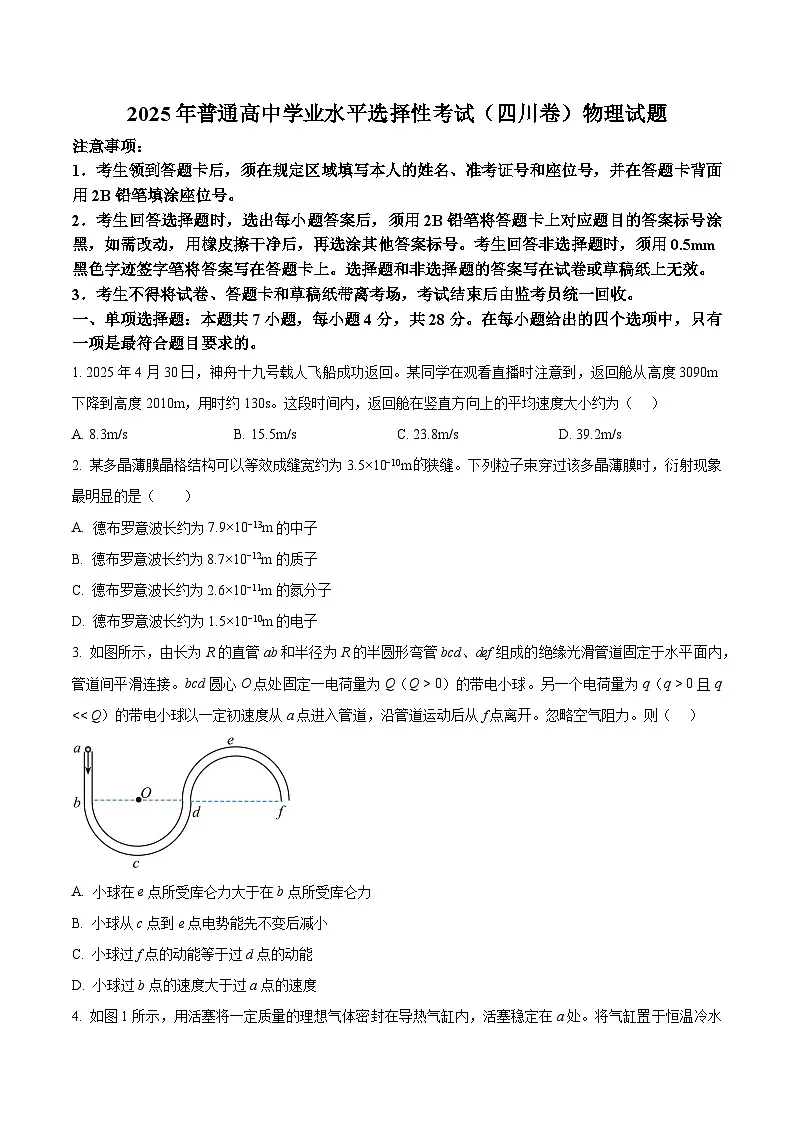 2025年高考四川卷物理真题(原卷版)第1页