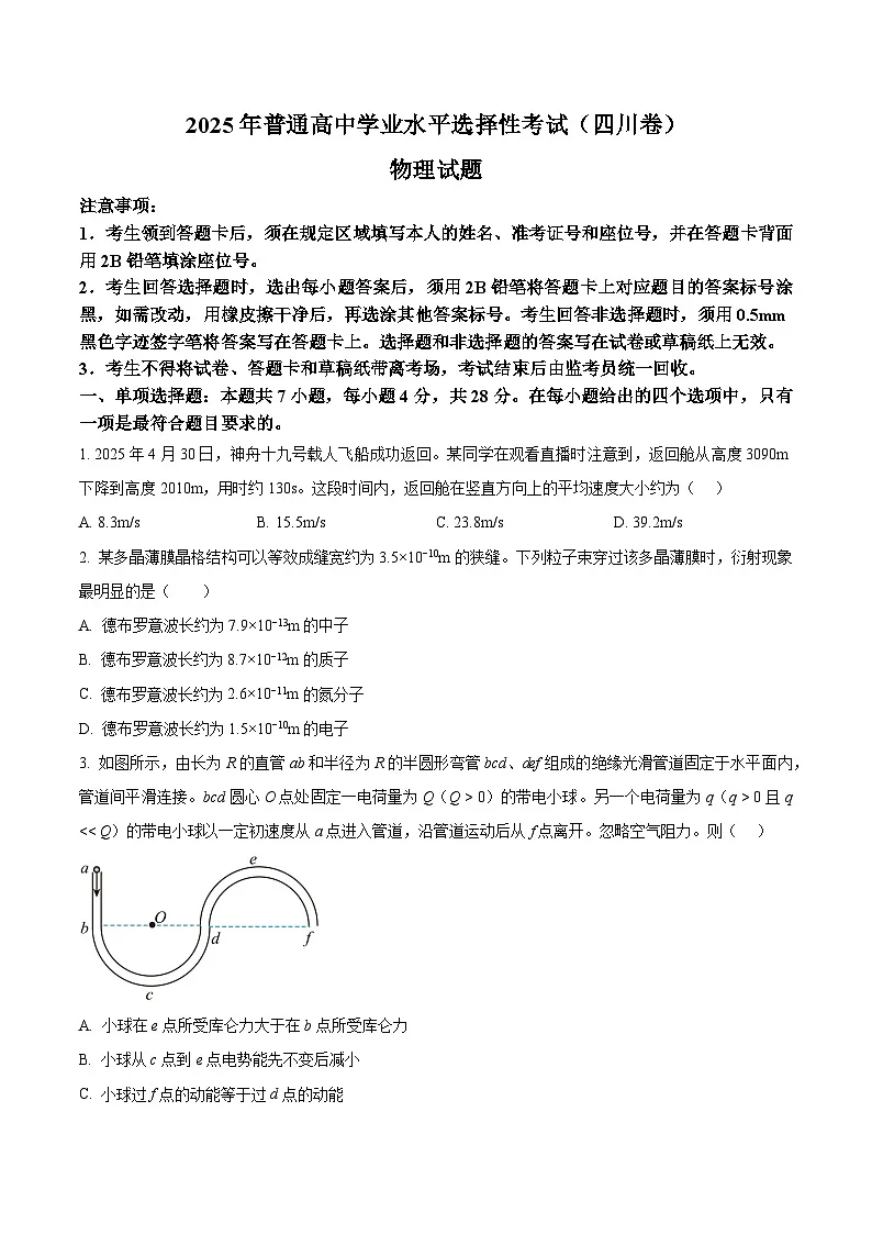 2025年高考真题——物理(四川卷) Word版无答案第1页