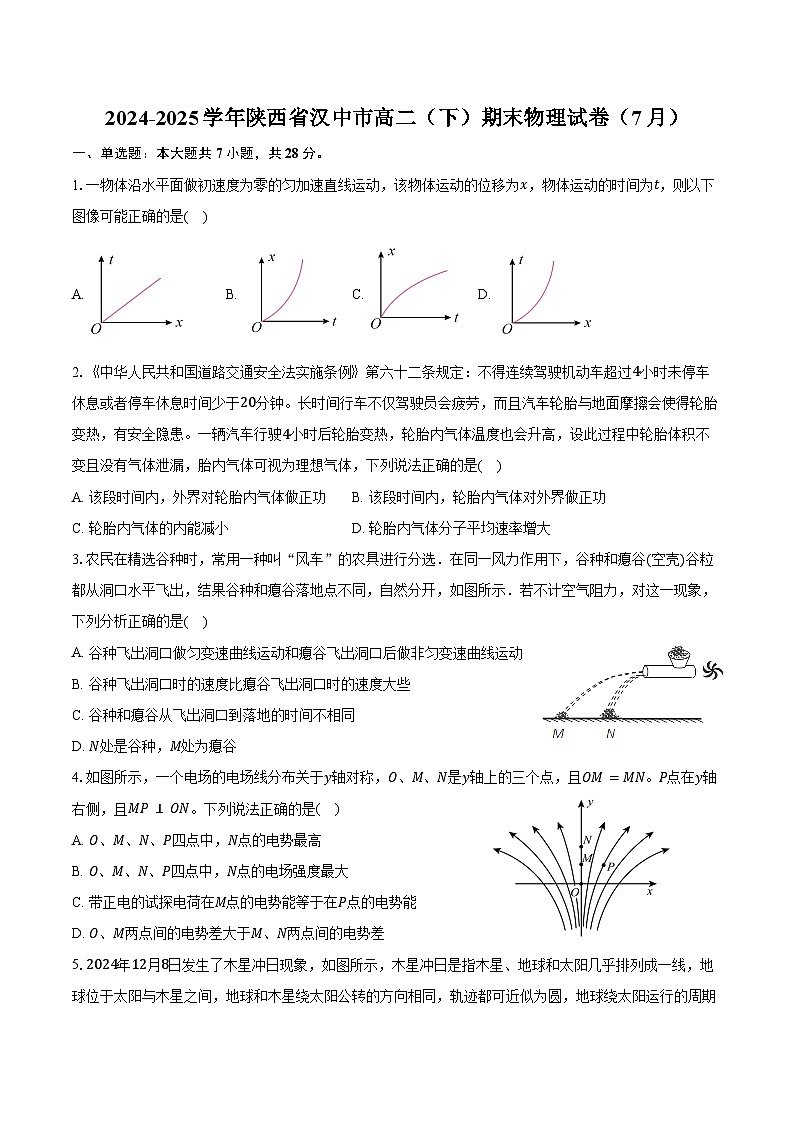 2024-2025学年陕西省汉中市高二(下)期末物理试卷(7月)(含解析)第1页