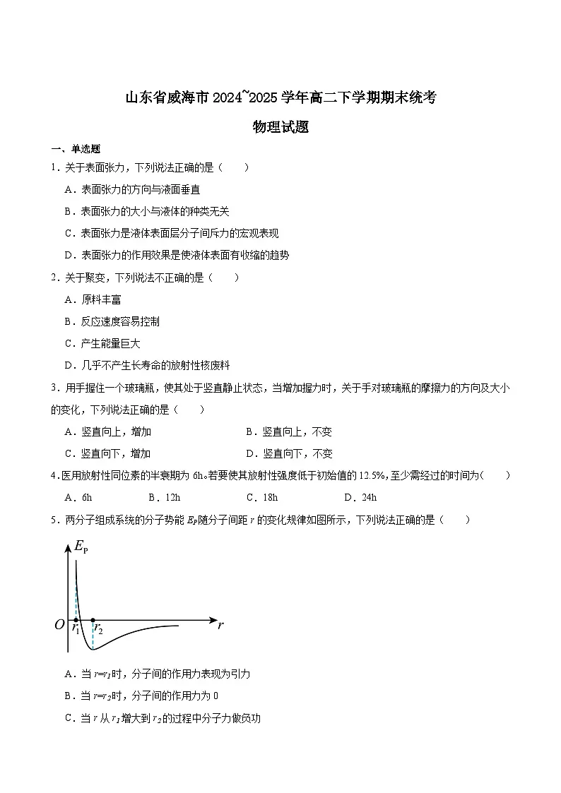 山东省威海市2024-2025学年高二下学期期末考试物理试题(Word版附答案)第1页
