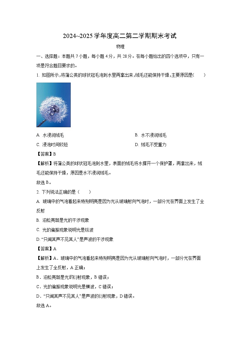 吉林省白山市五校2024-2025学年高二下学期期末联考物理试卷(解析版)第1页