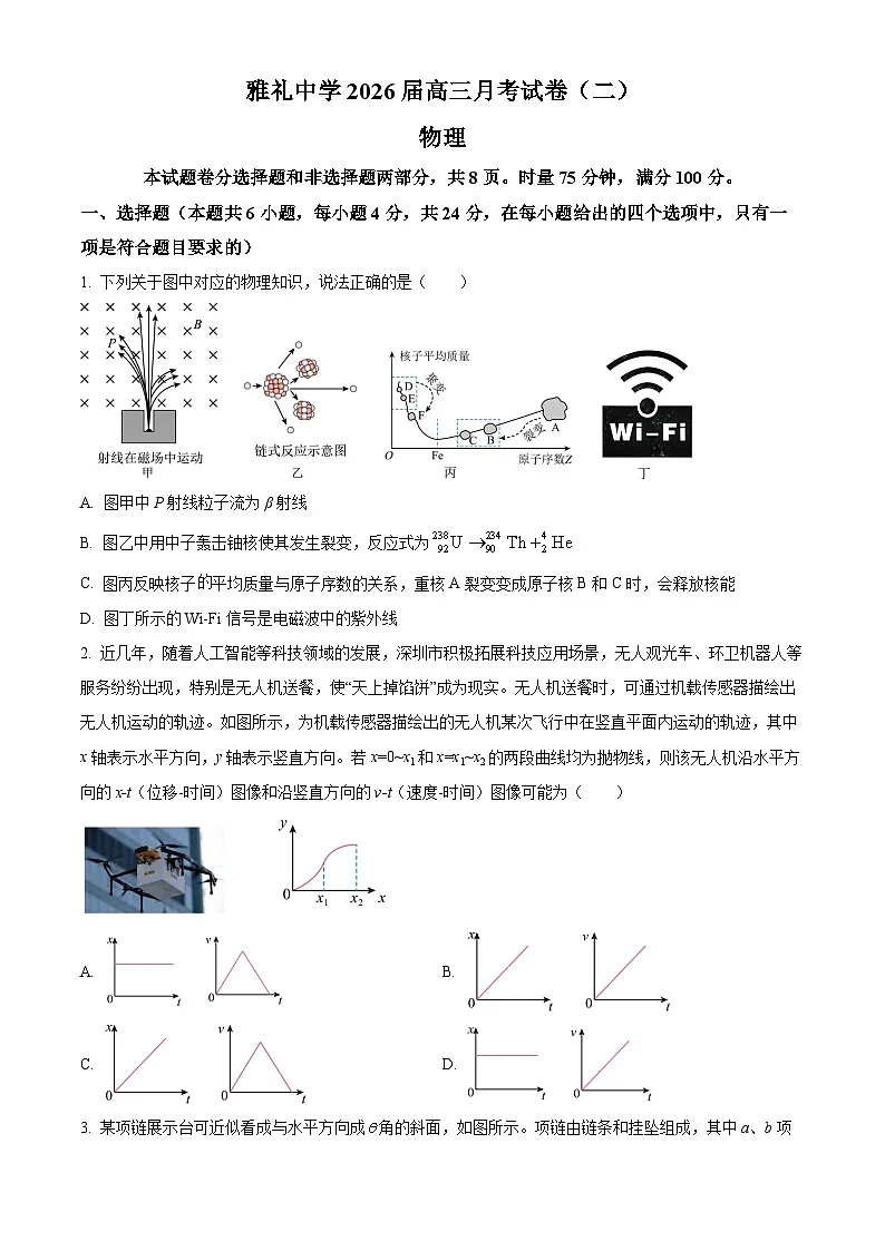 湖南省长沙市雅礼中学2026届高三上学期9月月考物理试题 Word版无答案第1页