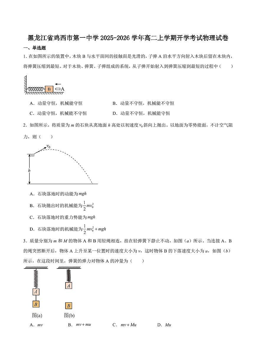 黑龙江省鸡西市第一中学校2025-2026学年高二上学期开学考试物理试卷(含答案)第1页