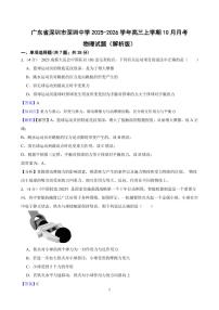 广东省深圳市深圳中学 2025-2026 学年高三上学期 10 月月考 物理试卷（附参考答案）