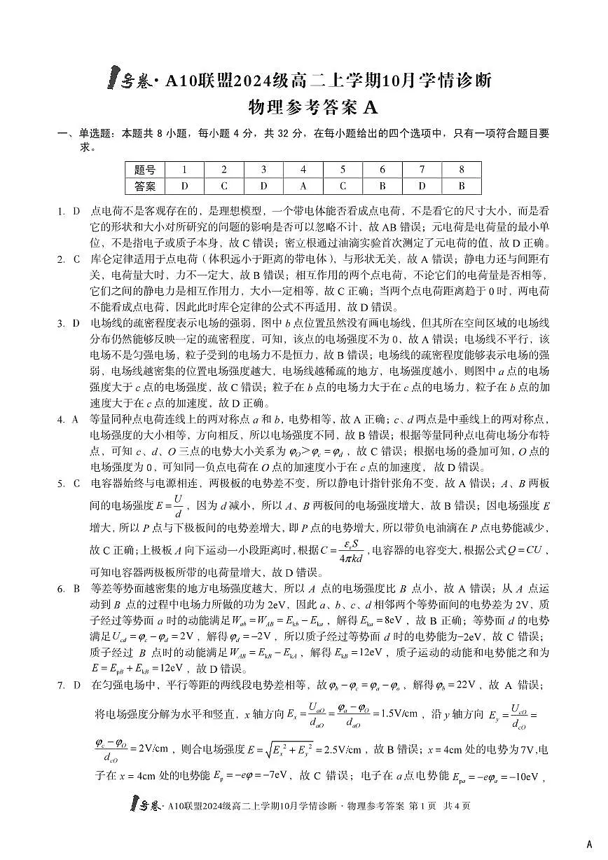 (A卷)1号卷·A10联盟2024级高二上学期10月学情诊断+物理答案A第1页