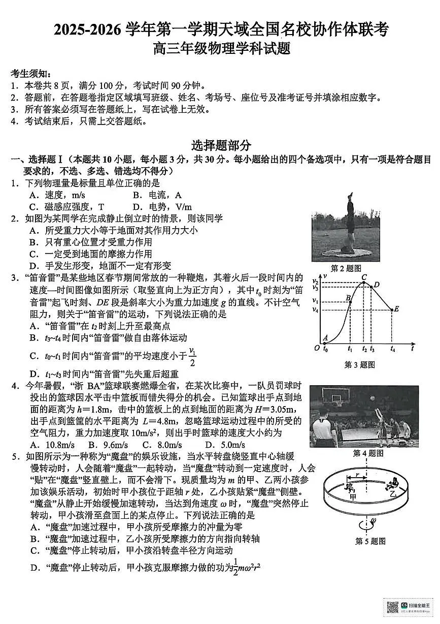 浙江省天域全国名校协作体2026届高三上学期10月联考物理试题(含答案)第1页
