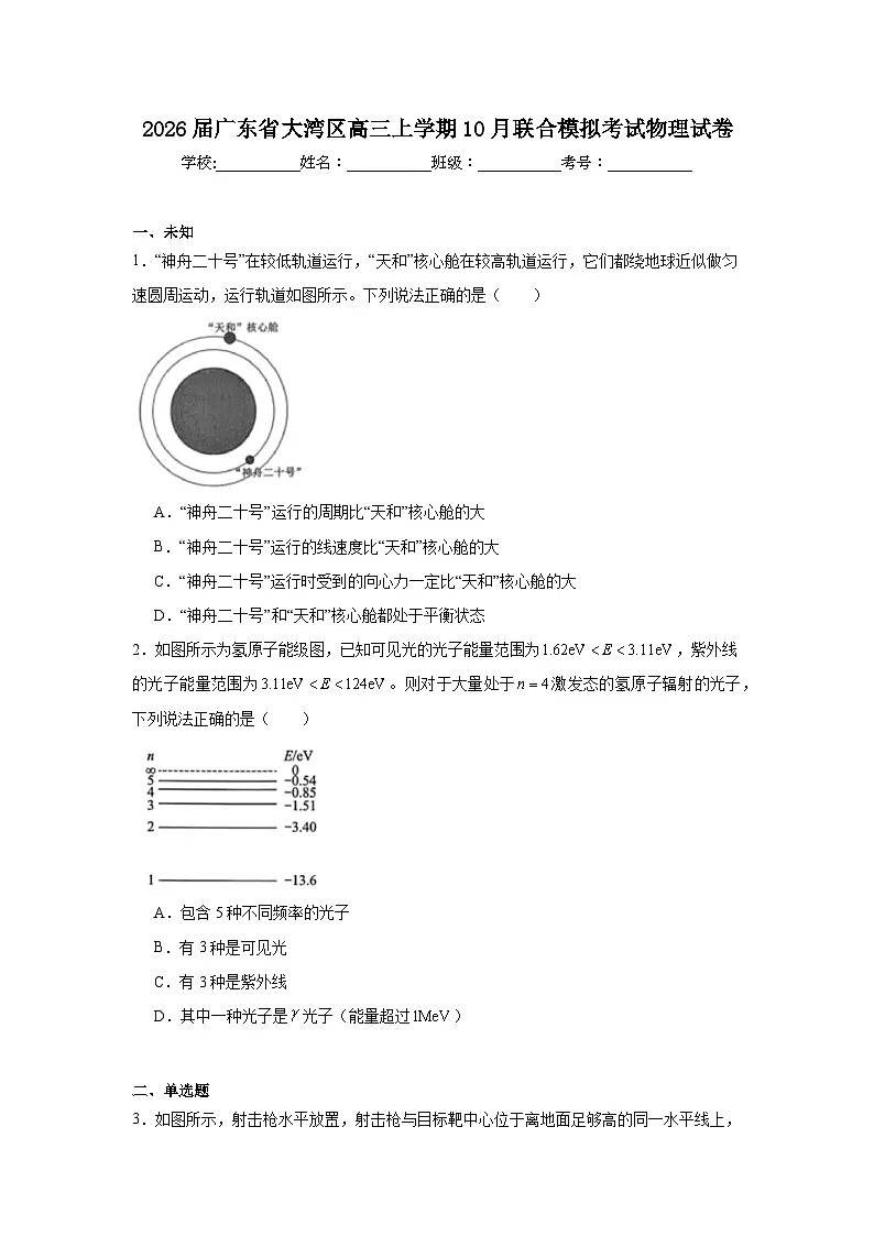 2025-2026学年广东省大湾区高三上学期10月联合模拟考试物理试卷(无答案)第1页