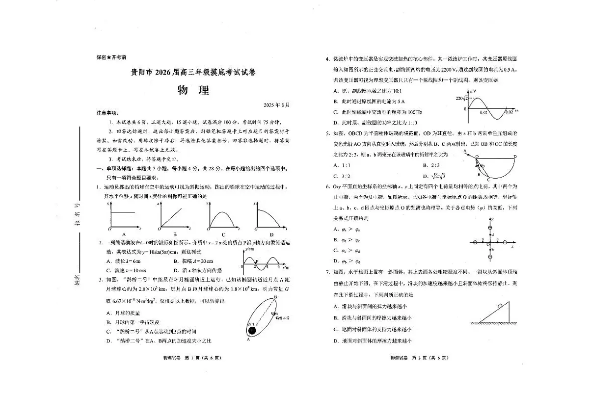 贵阳市2026届高三年级上学期摸底考试试卷+物理试卷(无答案)第1页