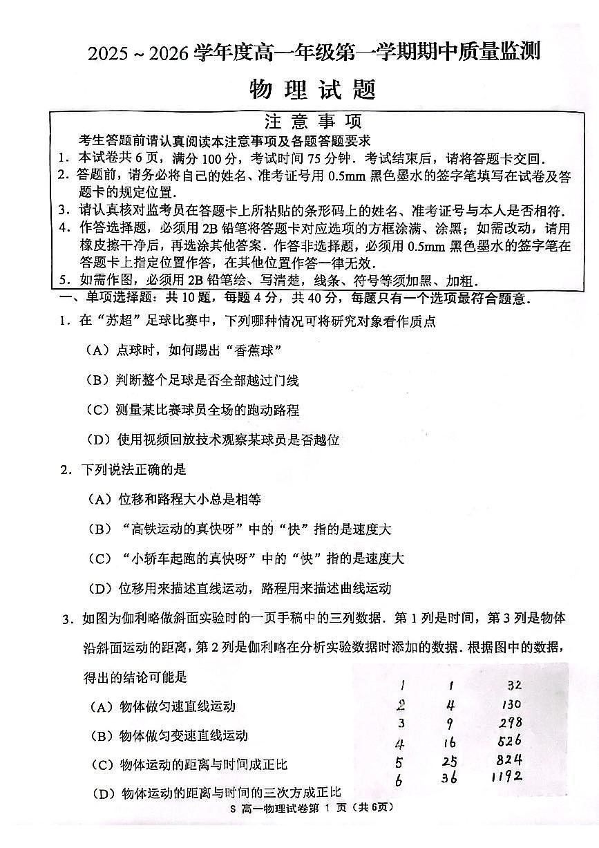 江苏省连云港市赣榆区2025-2026学年高一上学期11月期中物理试题第1页