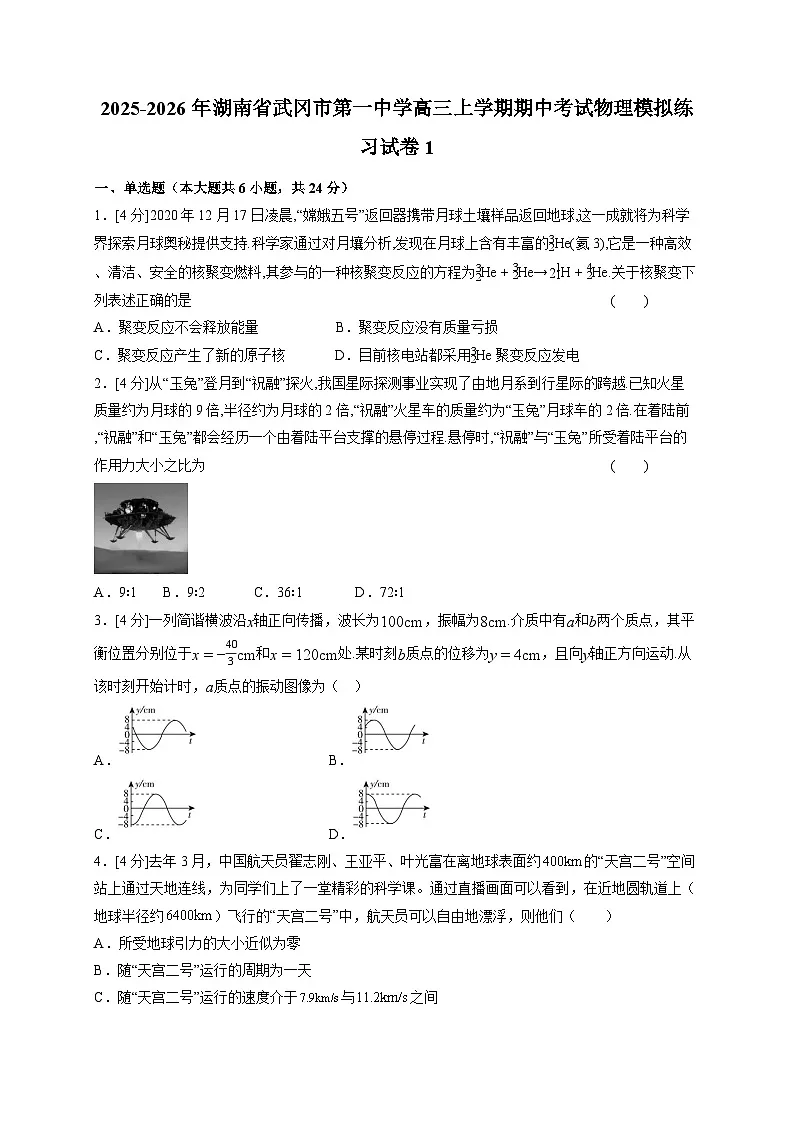 2025~2026学年湖南省武冈市第一中学高三上册期中考试物理模拟练习试卷1(含答案)第1页