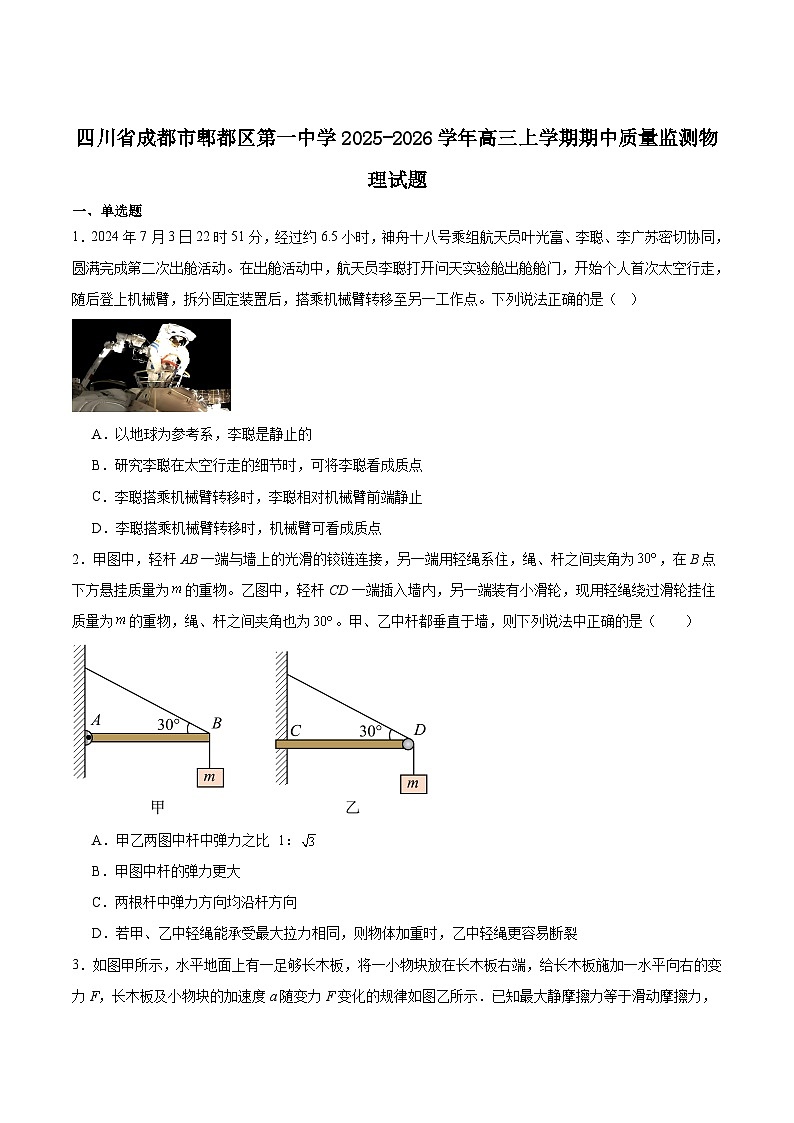 四川省成都市郫都区第一中学2026届高三上学期期中监测物理试卷(含答案)第1页