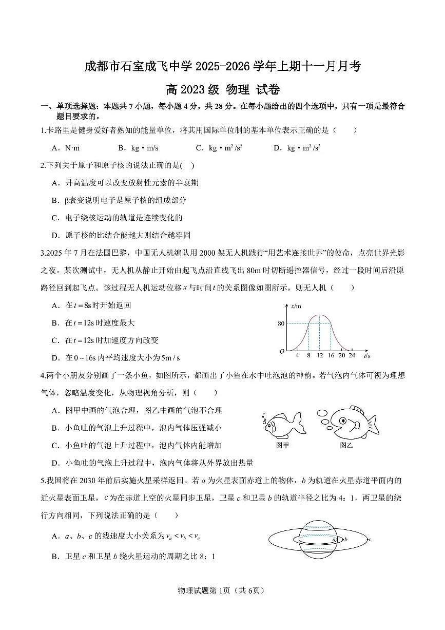 石室成飞中学2025-2026学年高三上学期11月月考物理第1页