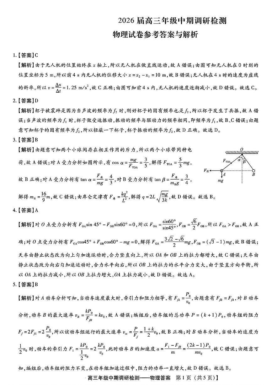 琢名小渔名校联考2026届高三年级中期调研检测物理答案第1页