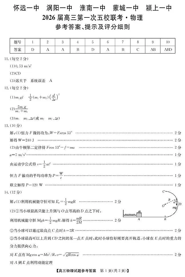 安徽省五校(怀远一中、涡阳一中、淮南一中、蒙城一中、颍上一中)2026届高三上学期第一次联考物理答案第1页