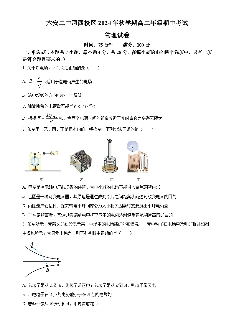 安徽省六安第二中学2024-2025学年高二上学期11月期中物理试题(原卷版)-A4第1页