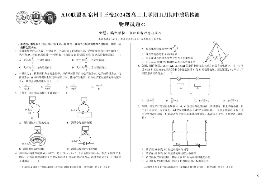 安徽省A10联盟宿州十三校2024级高二上学期11月期中质量检测【物理试卷】(C卷)(含答案)第1页