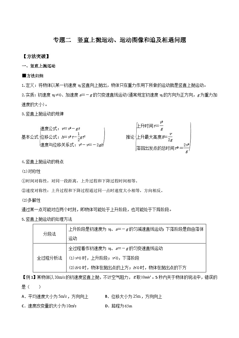(人教版)必修第一册高一物理上学期期末复习训练 专题02 竖直上抛运动、运动图像和追及相遇问题(原卷版)第1页