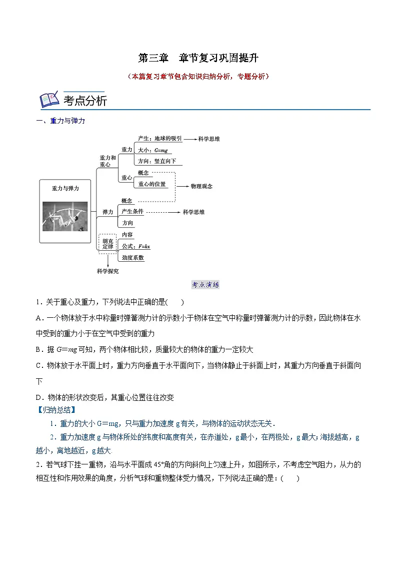 (人教版)必修第一册高中物理同步考点精讲精练第三章 章节复习巩固提升(原卷版)第1页