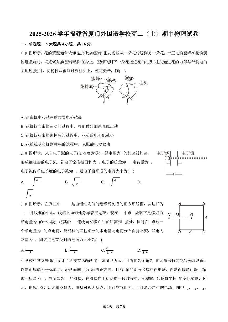 2025-2026学年福建省厦门外国语学校高二(上)期中物理试卷(含答案)第1页