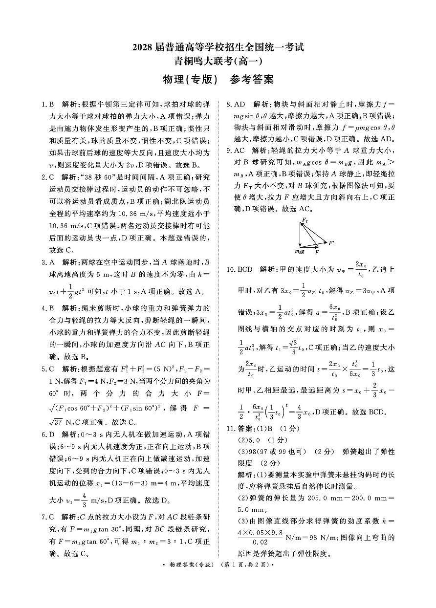 河南青桐鸣联考2025-2026学年高一上学期12月月考物理答案第1页