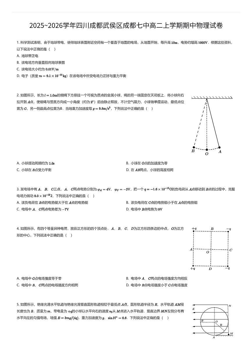2025~2026学年四川成都武侯区成都七中高二上学期期中物理试卷(有答案解析)第1页