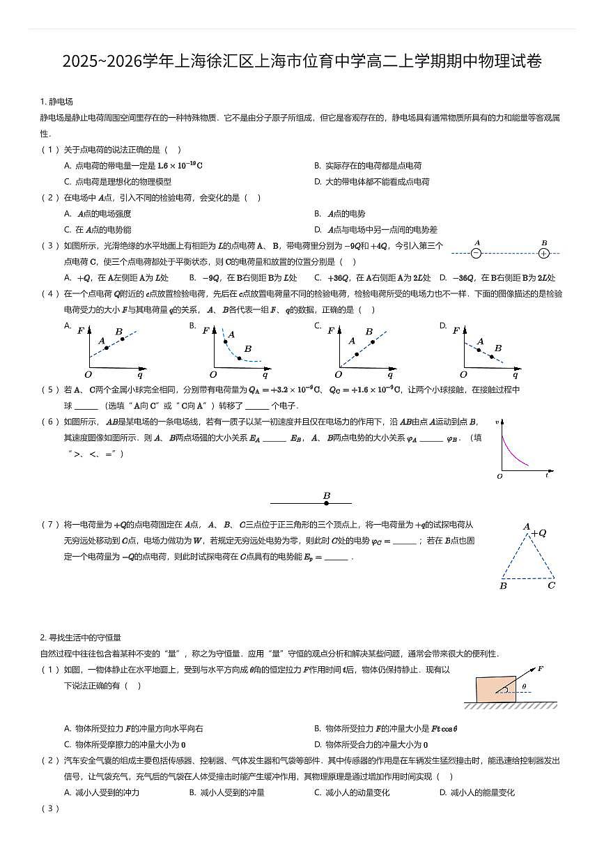 2025~2026学年上海徐汇区上海市位育中学高二上学期期中物理试卷(有答案解析)第1页