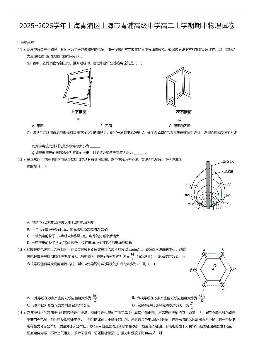2025~2026学年上海青浦区上海市青浦高级中学高二上学期期中物理试卷(有答案解析)第1页