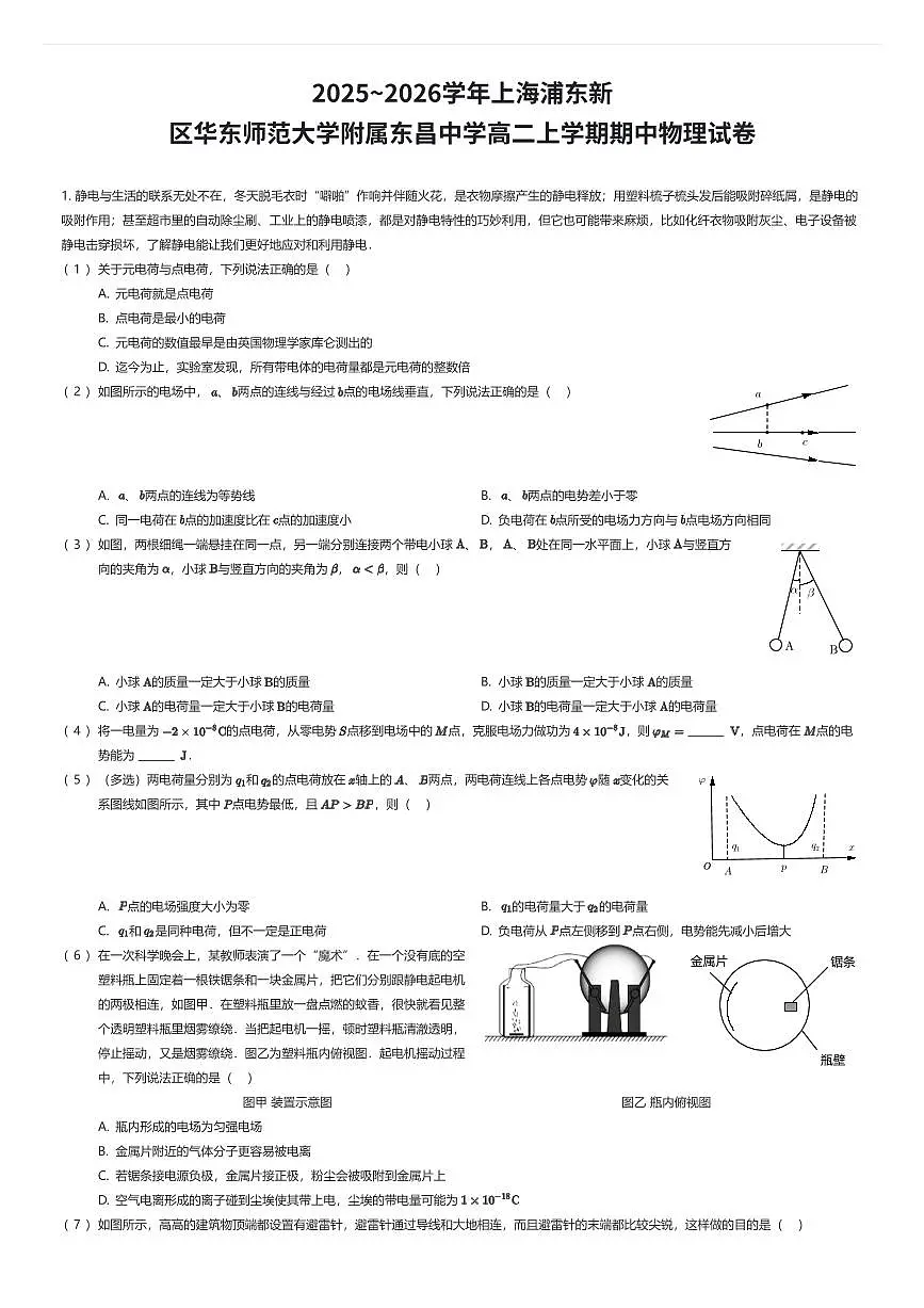 2025~2026学年上海浦东新区华东师范大学附属东昌中学高二上学期期中物理试卷(有答案解析)第1页