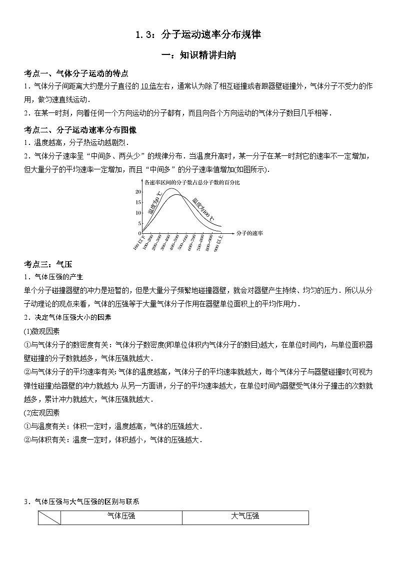 (人教版)选择性必修第三册高二物理同步考点突破精讲精练1.3 分子运动速率分布规律(含答案解析)第1页
