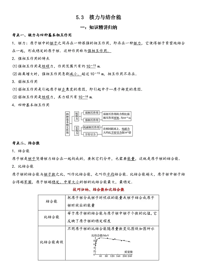 (人教版)选择性必修第三册高二物理同步考点突破精讲精练5.3核力与结合能(含答案解析)第1页