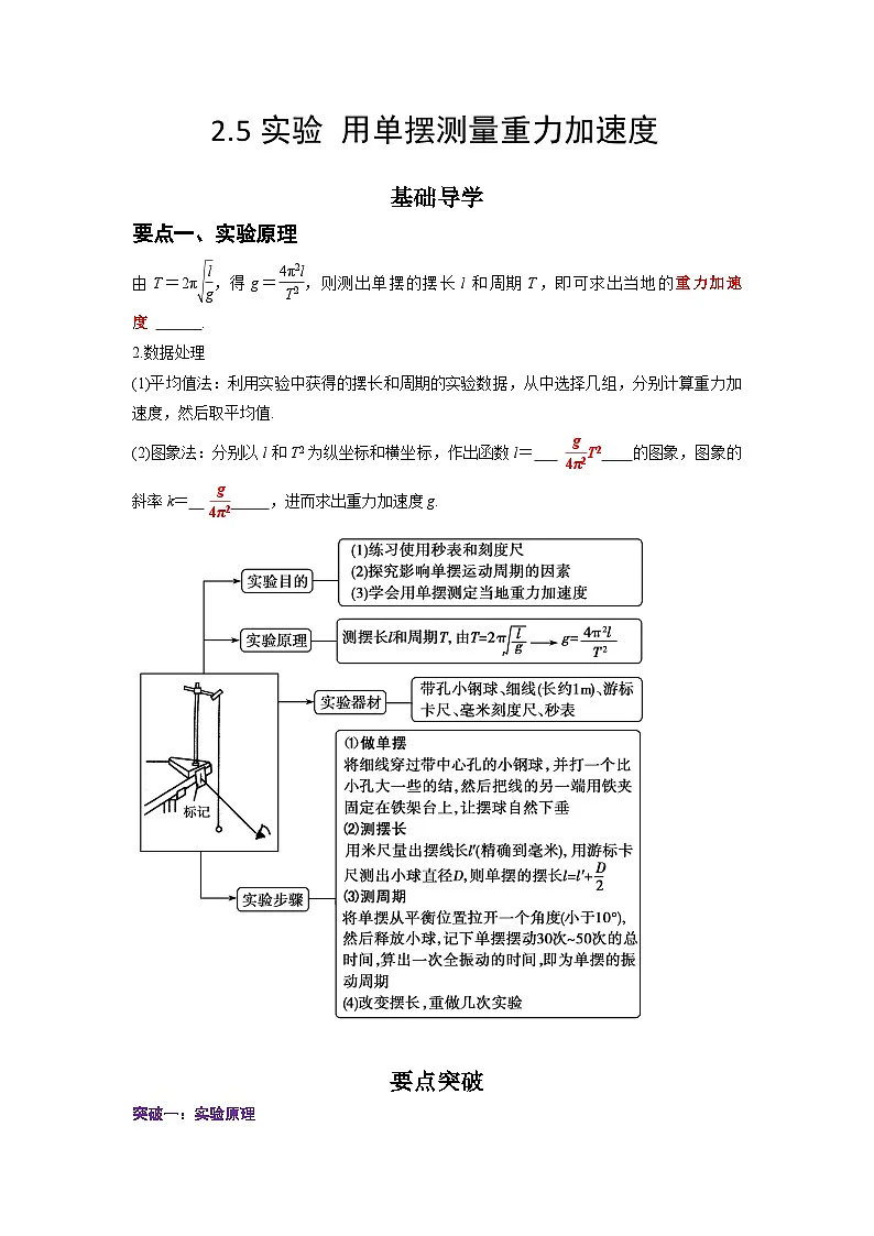 (人教版)选择性必修第一册高二物理同步学案2.5 实验:用单摆测量重力加速度(解析版)第1页