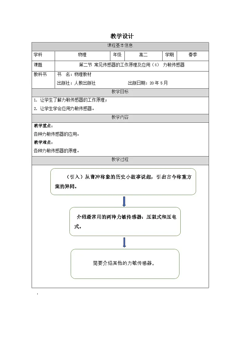 人教版高中物理选修第二册5.2.《常见传感器的工作原理及应用》表格式教案.第1页
