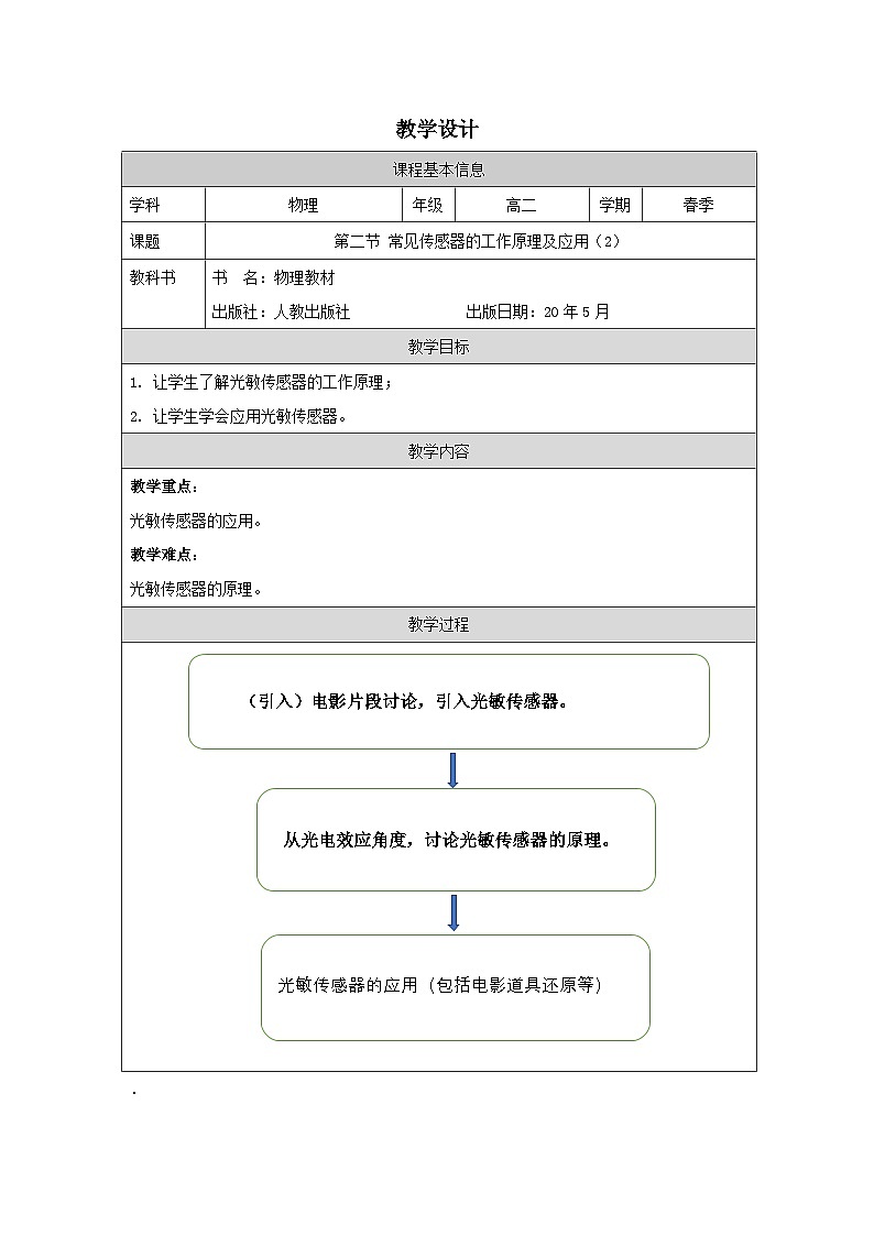 人教版高中物理选修第二册5.2.常见传感器的工作原理及应用表格式教案第1页