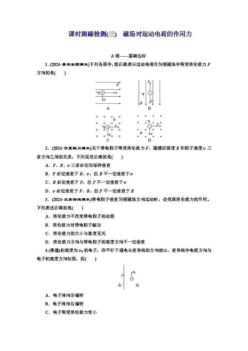 高二物理(人教版选择性必修二)试题课时跟踪检测(3)磁场对运动电荷的作用力(Word版附解析)第1页