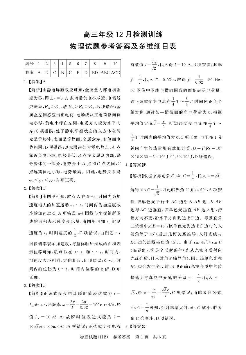 12月检测训练+物理+答案-河北第1页