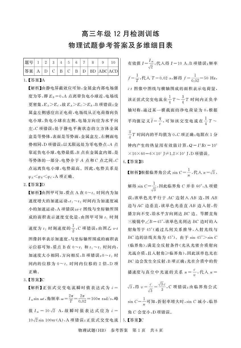 T8联考2026届高三年级12月检测训练物理(河北)答案第1页