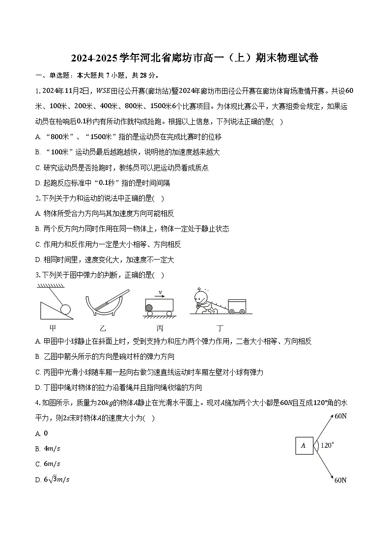 2024-2025学年河北省廊坊市高一(上)期末物理试卷(含答案)第1页